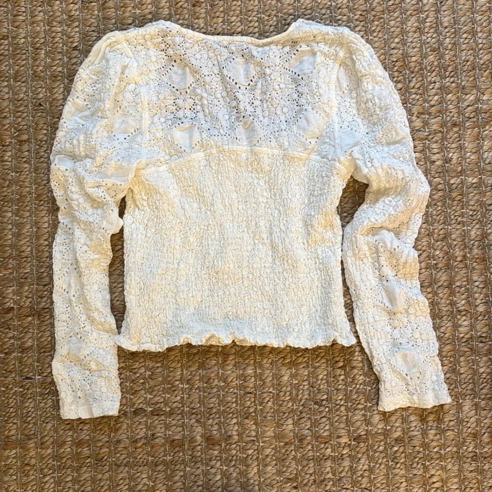 Free People Cream Lace Long Sleeve Smocked Henley Top